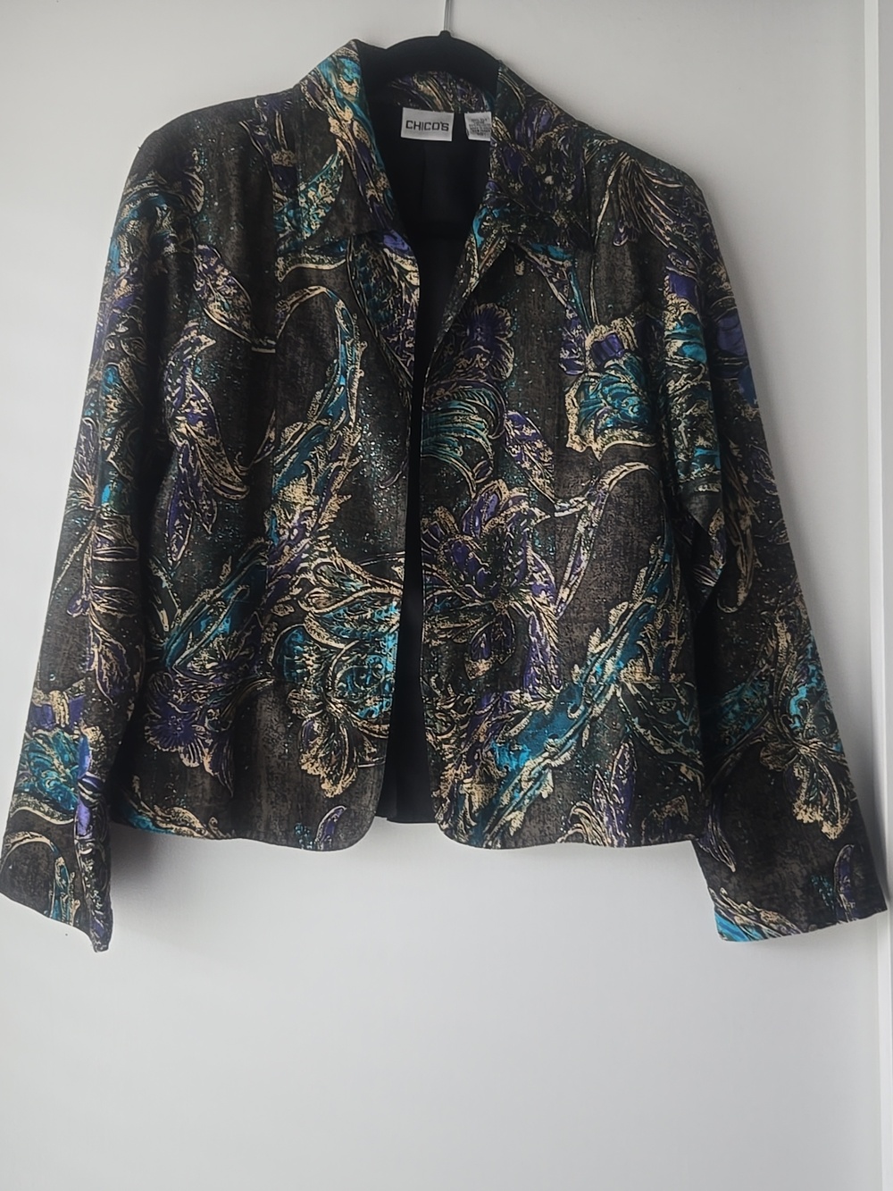 Chico's Black Floral Silk Jacket with Teal and Purple Accents-Size Med